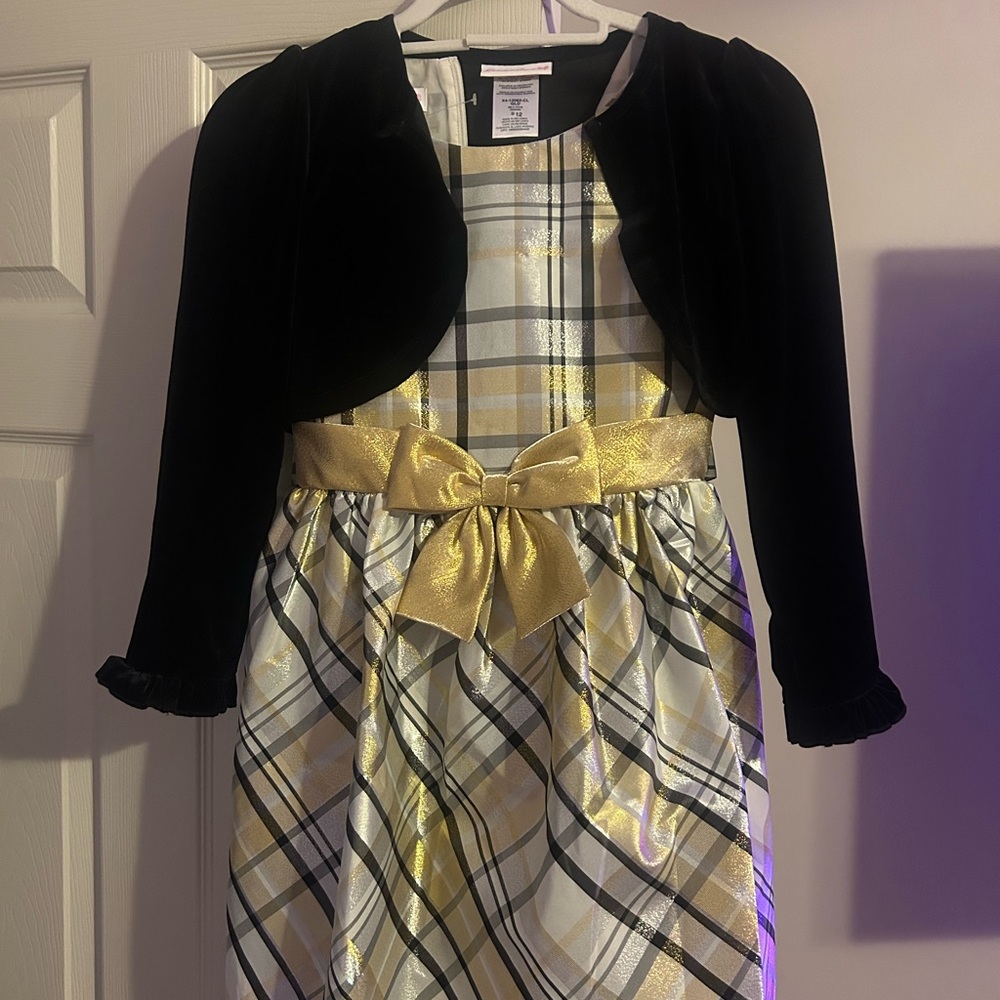 Bonnie Jean Elegant Plaid Dress with Gold Accents